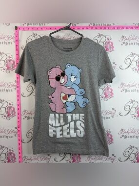 Care Bears T-shirt all the feels graphic 2023 Gray Tee with Pink and Blue Bears